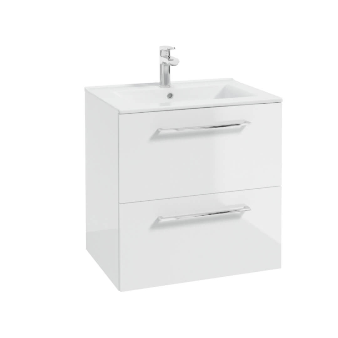 Waschbeckenschrank - METRO-SYSTEM D60 - weißer Hochglanzlack - goldenes Eichendekor - Schwarzer Mattlack