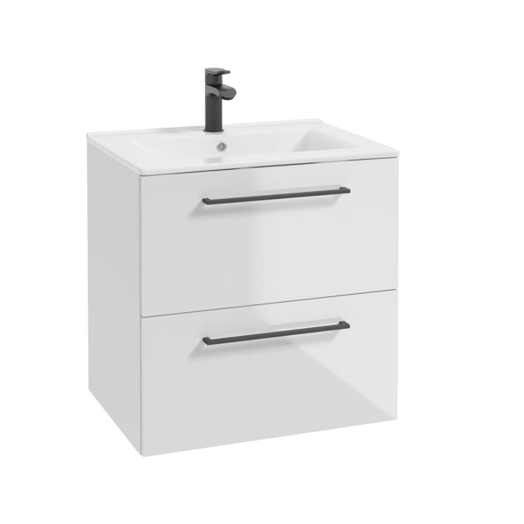 Waschbeckenschrank - METRO-SYSTEM D60 - weißer Hochglanzlack - goldenes Eichendekor - Schwarzer Mattlack