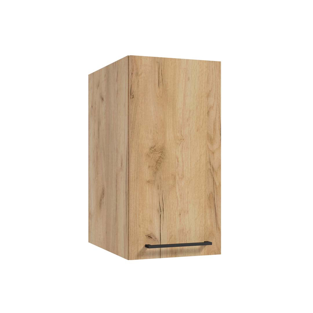 Badezimmer Hochschrank - METRO SYSTEM A30 - goldenes Eichendekor - weißer Hochglanzlack - Schwarzer Mattlack