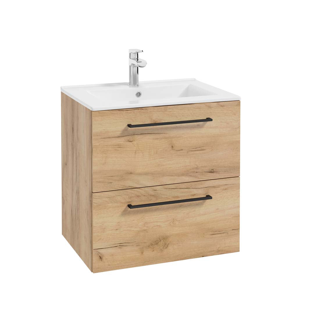 Waschbeckenschrank - METRO-SYSTEM D60 - weißer Hochglanzlack - goldenes Eichendekor - Schwarzer Mattlack