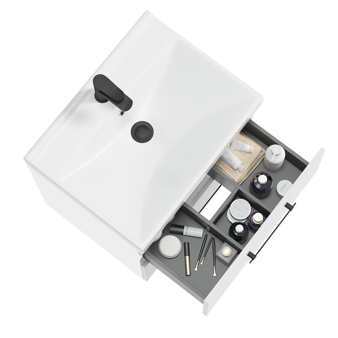 Waschbeckenschrank - METRO-SYSTEM D60 - weißer Hochglanzlack - goldenes Eichendekor - Schwarzer Mattlack