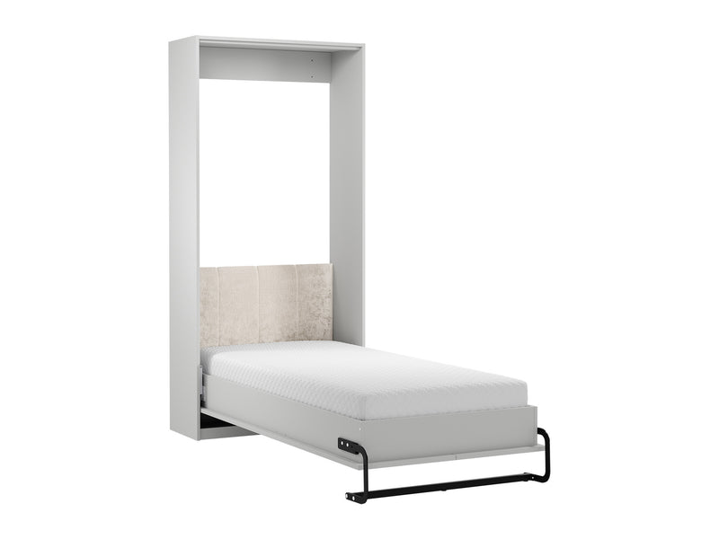 Rosello Schrankbett 90×200 cm – Vertikales Klappbett mit Polsterkopfteil & integrierter LED-Beleuchtung – Modernes Platzwunder in Weiß/Beige