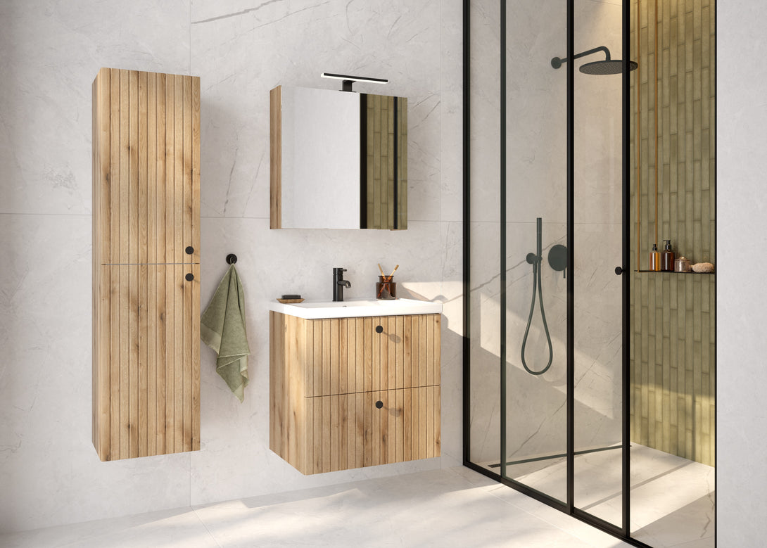 Waschbeckenunterschrank - RIETTI D60 - Weiß Hochglanz - Eiche