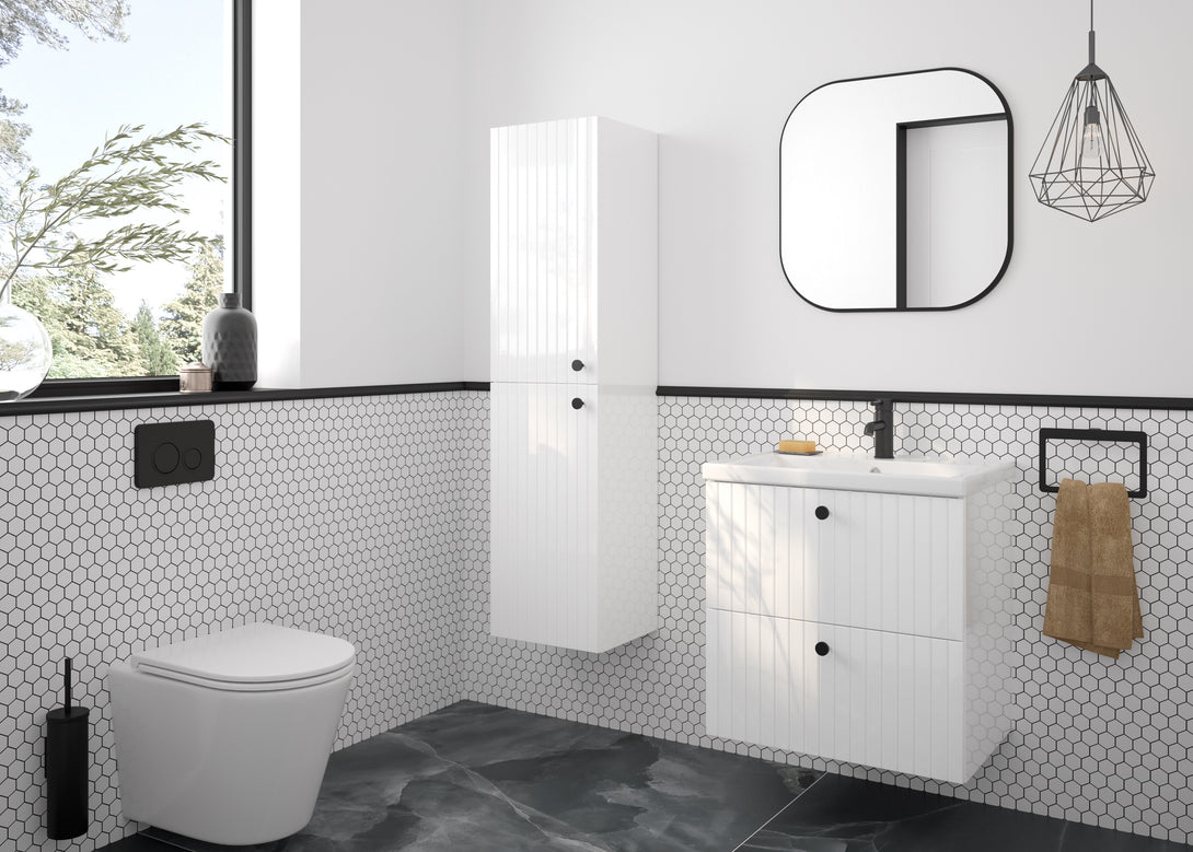 Hochschrank - für Badezimmer - Rietti C35 - Weiß Hochglanz - Eiche