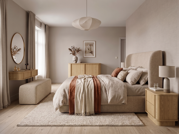Rivello Schlafzimmer-Set 4-teilig – Modernes Schlafzimmer-Ensemble mit Kommode, Schminktisch und 2 Nachttischen in Baltic Dune