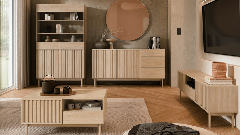 Savira Wohnzimmer-Set 4-teilig – Modernes Wohnkonzept in Cremona Eiche mit geriffelten Fronten
