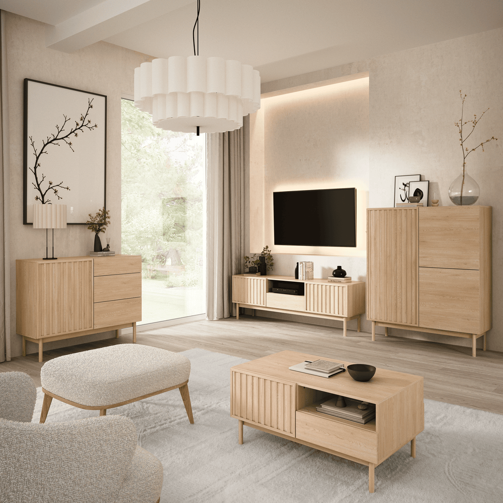 Savira Wohnzimmer-Set 4-teilig – Modernes Wohnmöbel-Set in Cremona Eiche mit geriffelten Fronten