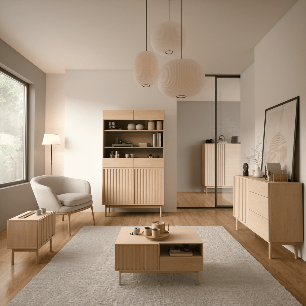 Savira Wohnzimmer-Set 5-teilig – Modernes Wohnkonzept in Cremona Eiche mit geriffeltem Design