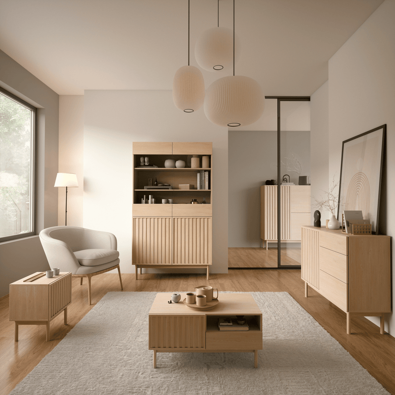 Savira Wohnzimmer-Set 5-teilig – Modernes Wohnkonzept in Cremona Eiche mit geriffeltem Design
