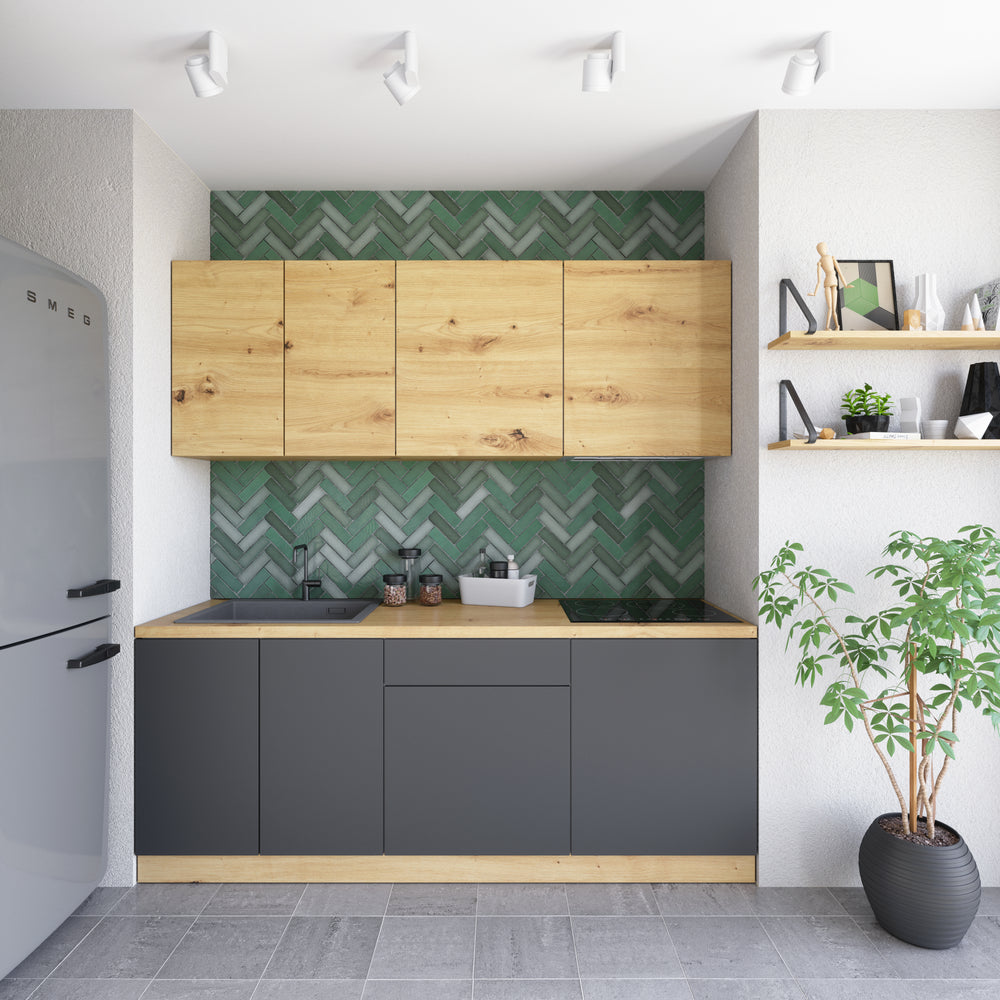 Nexa Küchenmöbel-Set – Modernes griff­loses Design mit Push-to-Open System in Woodline / Schwarz Metallic