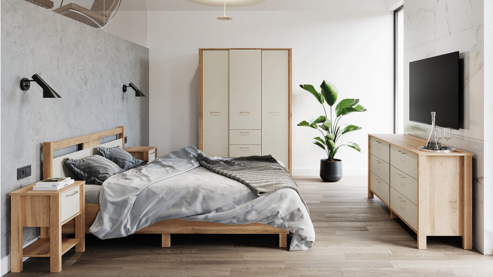 Velario Schlafzimmer-Set 5-teilig – Modernes Schlafzimmer in Wotan Eiche / Beige