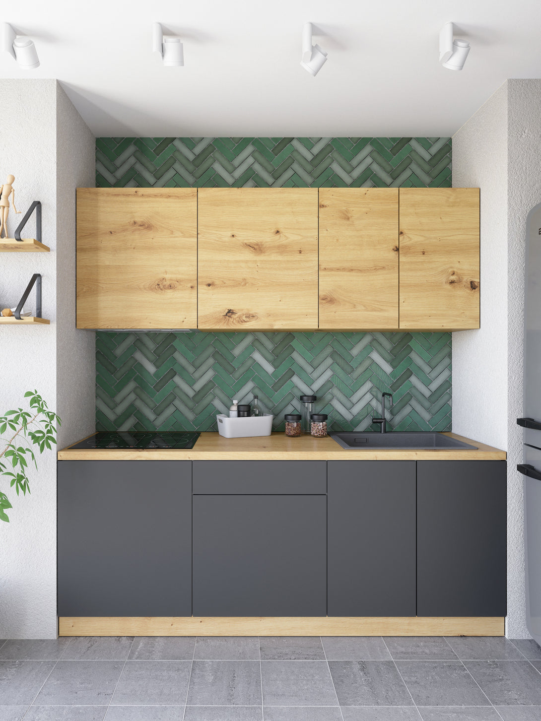 Küchenzeile - Langen - Grau-Artisan Eiche - K21-G200 cm. - ROYAL24_MARKT