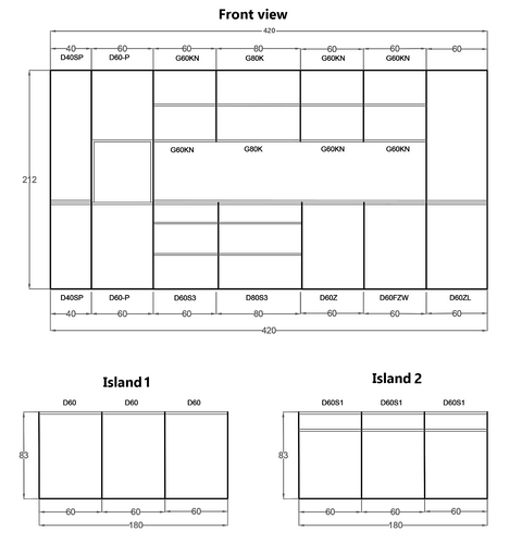 Inselküche Velmora Weiß Hochglanz – 420 cm + Insel 180 cm – KÜ-AS-027
