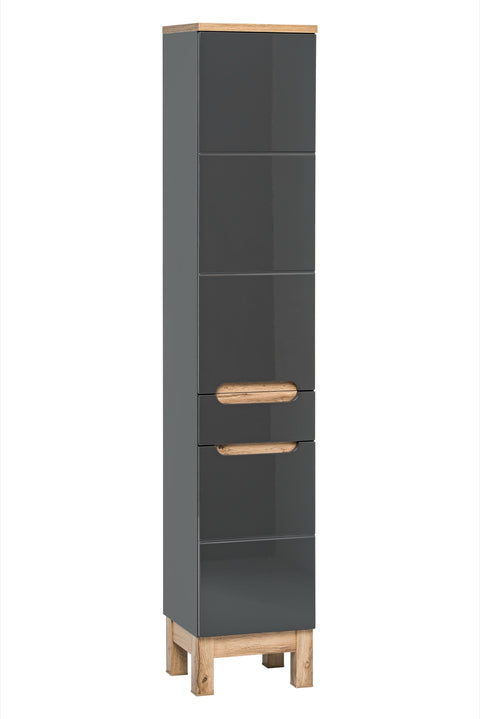 Badezimmer-Hochschrank Balvina Grau Hochglanz 35 × 187 × 33 cm mit 2 Türen und 1 Schublade