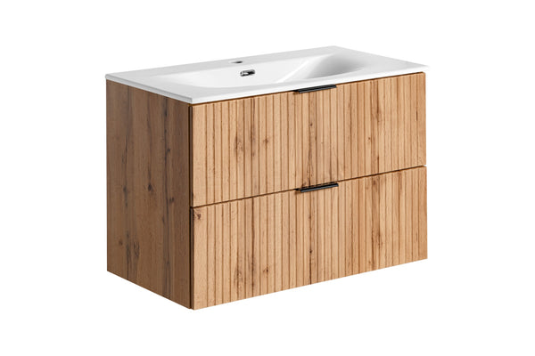 Badmöbel-Set Ardena Eiche 80 cm – Waschbeckenunterschrank + Waschbecken + Badzubehör