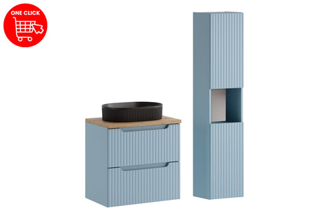 Badmöbel-Set Novira Denimblau 60 cm – Waschtischplatte + Waschbecken + Hochschrank – Ansicht 3