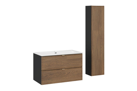 Badmöbel-Set Talvera Casella Eiche 80 cm – Waschbecken + Hochschrank + Waschbeckenunterschrank