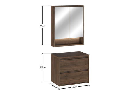 Badmöbel-Set Violetta Walnuss Villa 60 cm – Waschtischplatte + Spiegelschrank + Waschbeckenunterschrank – Ansicht 4