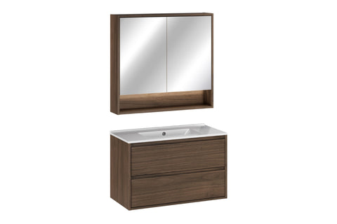 Badmöbel-Set Violetta Walnuss Villa 80 cm – Waschbecken + Spiegelschrank + Waschbeckenunterschrank – Ansicht 2
