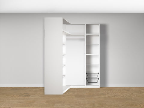 Combo Kleiderschrank-Set 22 – Eckkorpus links + S1D mit Kleiderstange und 2 Drahtkörben – Weiß