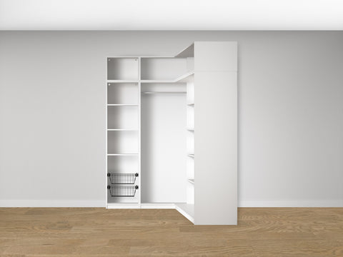 Combo Kleiderschrank-Set 23 – Eckkorpus rechts + S1D mit Kleiderstange und 2 Drahtkörben – Weiß