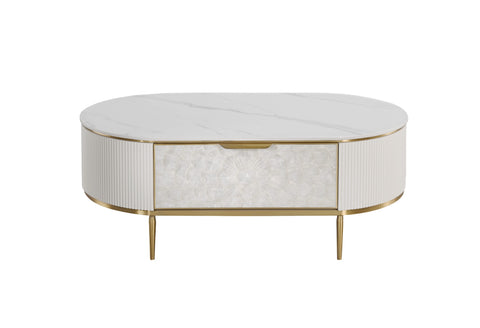 Couchtisch Hillora Gebrochenes Weiß, White worktop, Golden legs and accents 122 cm