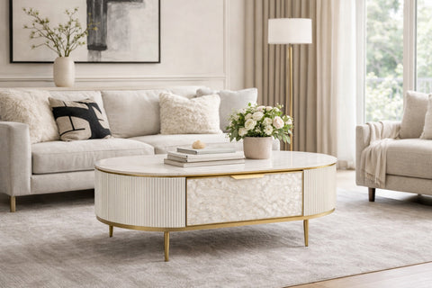 Couchtisch Hillora Gebrochenes Weiß, White worktop, Golden legs and accents 122 cm – Ansicht 5