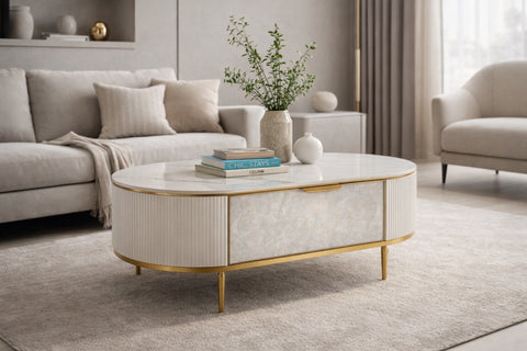 Couchtisch Hillora Gebrochenes Weiß, White worktop, Golden legs and accents 122 cm – Ansicht 6