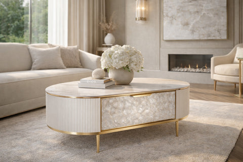 Couchtisch Hillora Gebrochenes Weiß, White worktop, Golden legs and accents 122 cm – Ansicht 7