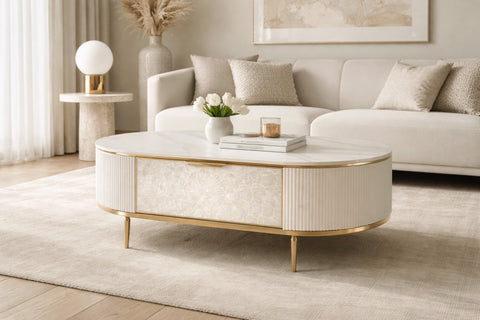 Couchtisch Hillora Gebrochenes Weiß, White worktop, Golden legs and accents 122 cm – Ansicht 8