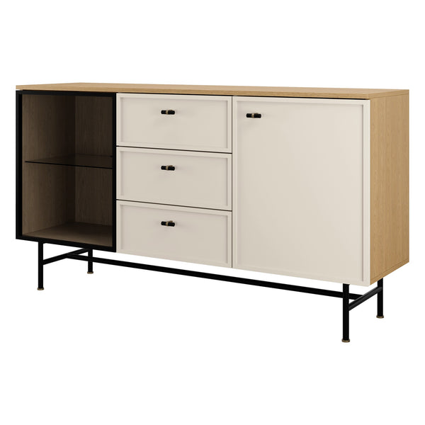 Elora Sideboard 150 cm mit 1 Glastür, 1 Tür und 3 Schubladen – Frühlingseiche / Macadamia