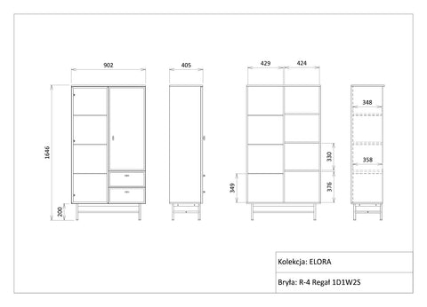 Elora Vitrine (Highboard mit Glastür) in Frühlingseiche / Macadamia – Maßzeichnung