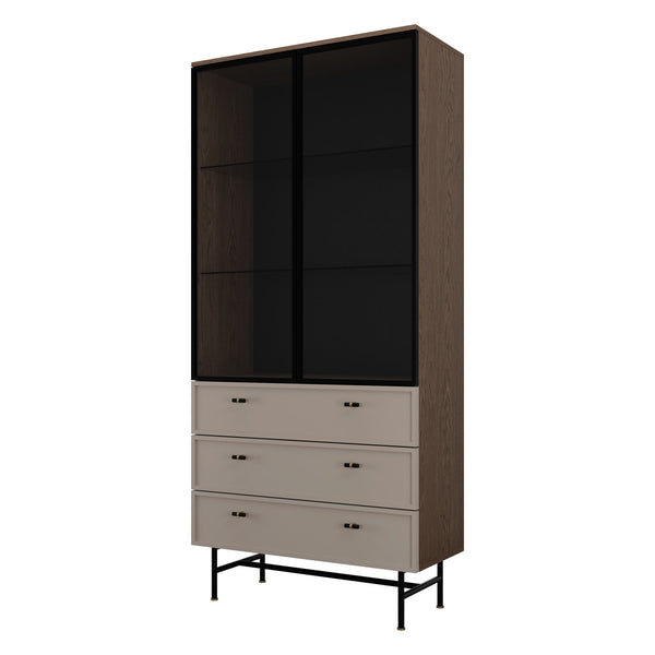 Elora Vitrine 90 cm mit 2 Glastüren und 3 Schubladen – Baltic Storm / Toffee