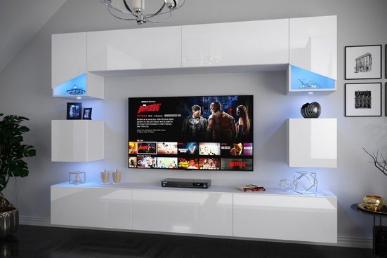 Wohnwand RTV Weiß Hochglanz Ikar S2 – Modernes Design und stimmungsvolle Beleuchtung: - ROYAL24_MARKT