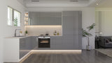 Velmora Winkelküche 300 × 180 cm KÜ05 – Moderne L-Küche ohne Arbeitsplatte – MDF Fronten – Grau Hochglanz