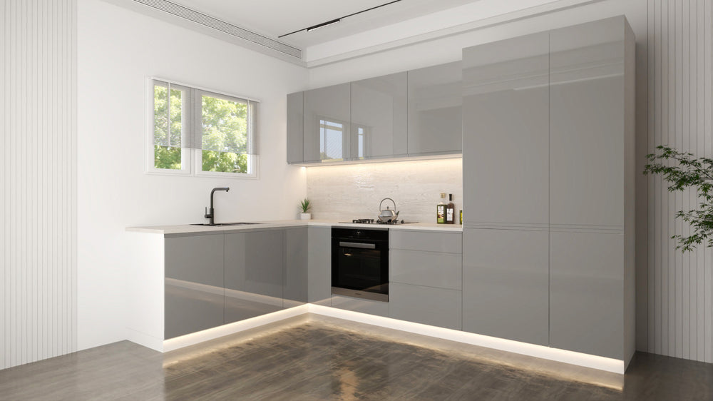 Velmora Winkelküche 310 × 195 cm KÜ-AS-004 – Moderne L-Küche ohne Arbeitsplatte – MDF Fronten – Grau Hochglanz