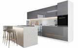 Velmora L-Inselküche KÜ-AS-019 – 410 × 130 cm – Grau Hochglanz – Moderne Küche mit Kücheninsel