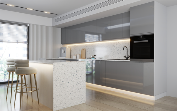 Velmora L-Inselküche KÜ-AS-019 – 410 × 130 cm – Grau Hochglanz – Moderne Küche mit Kücheninsel