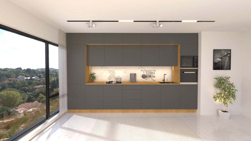 Nexa Küchenzeile  KÜ05-L – Grau – 420 cm – Großzügige Designküche mit maximalem Stauraum