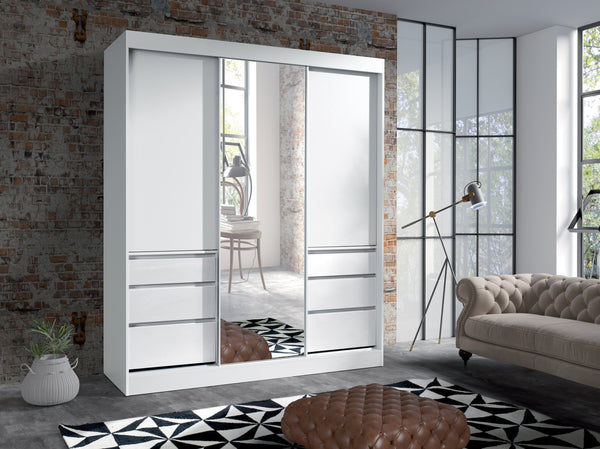 Haiti Schwebetürenschrank 180 cm mit 3 Türen, Spiegel und 6 Schubladen – Weiß