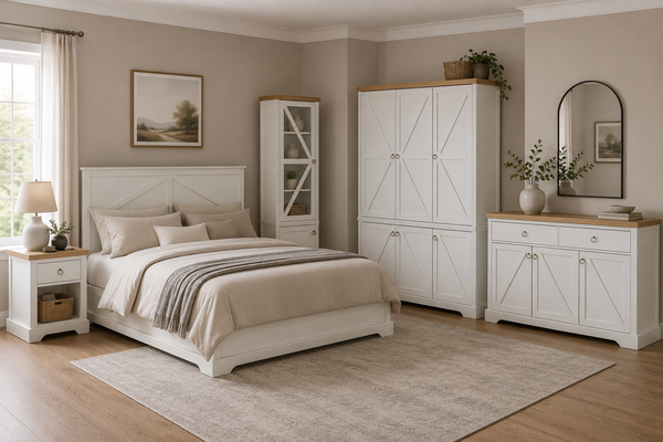 Bellmont Schlafzimmer-Set 5-teilig – Stilvolle Landhausmöbel in Opalweiß & Cremona Eiche