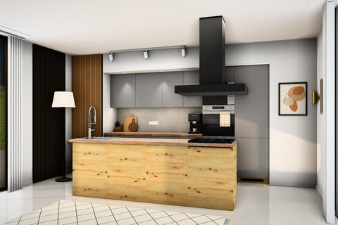 Inselküche Nexa Grau & Artisan-Eiche – 330 cm + Insel 240 cm – KÜ-NEXA-002 – Raumansicht über Eck von rechts
