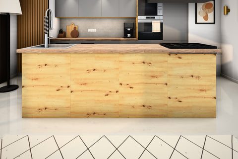 Inselküche Nexa Grau & Artisan-Eiche – 330 cm + Insel 240 cm – KÜ-NEXA-002 – Kücheninsel frontal von der Raumseite, Fronten geschlossen