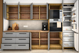 Inselküche Nexa Grau & Artisan-Eiche – 330 cm + Insel 240 cm – KÜ-NEXA-002 – Wandzeile geöffnet, frontal