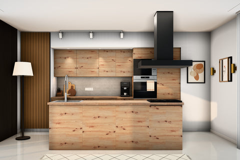 Inselküche Nexa Woodline & Artisan-Eiche – 330 cm + Insel 240 cm – KÜ-NEXA-004 – Raumansicht frontal