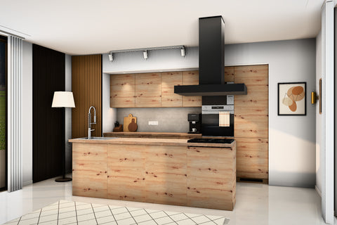 Inselküche Nexa Woodline & Artisan-Eiche – 330 cm + Insel 240 cm – KÜ-NEXA-004 – Raumansicht über Eck von rechts