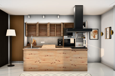 Inselküche Nexa Woodline & Artisan-Eiche – 330 cm + Insel 240 cm – KÜ-NEXA-004 – Türen, Klappen und Auszüge geöffnet