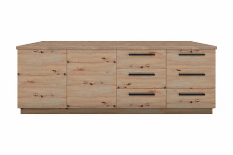 Inselküche Nexa Woodline & Artisan-Eiche – 330 cm + Insel 240 cm – KÜ-NEXA-004 – Kücheninsel freigestellt, Schrankseite frontal geschlossen