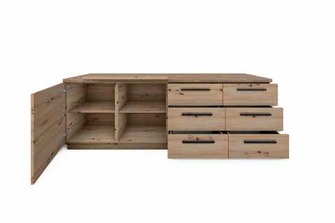 Inselküche Nexa Woodline & Artisan-Eiche – 330 cm + Insel 240 cm – KÜ-NEXA-004 – Kücheninsel freigestellt, Schrankseite frontal geöffnet