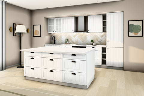 Inselküche Provence Andersen Pinie – 340 cm + Insel 180 cm – K27-G340 – Raumansicht über Eck von rechts